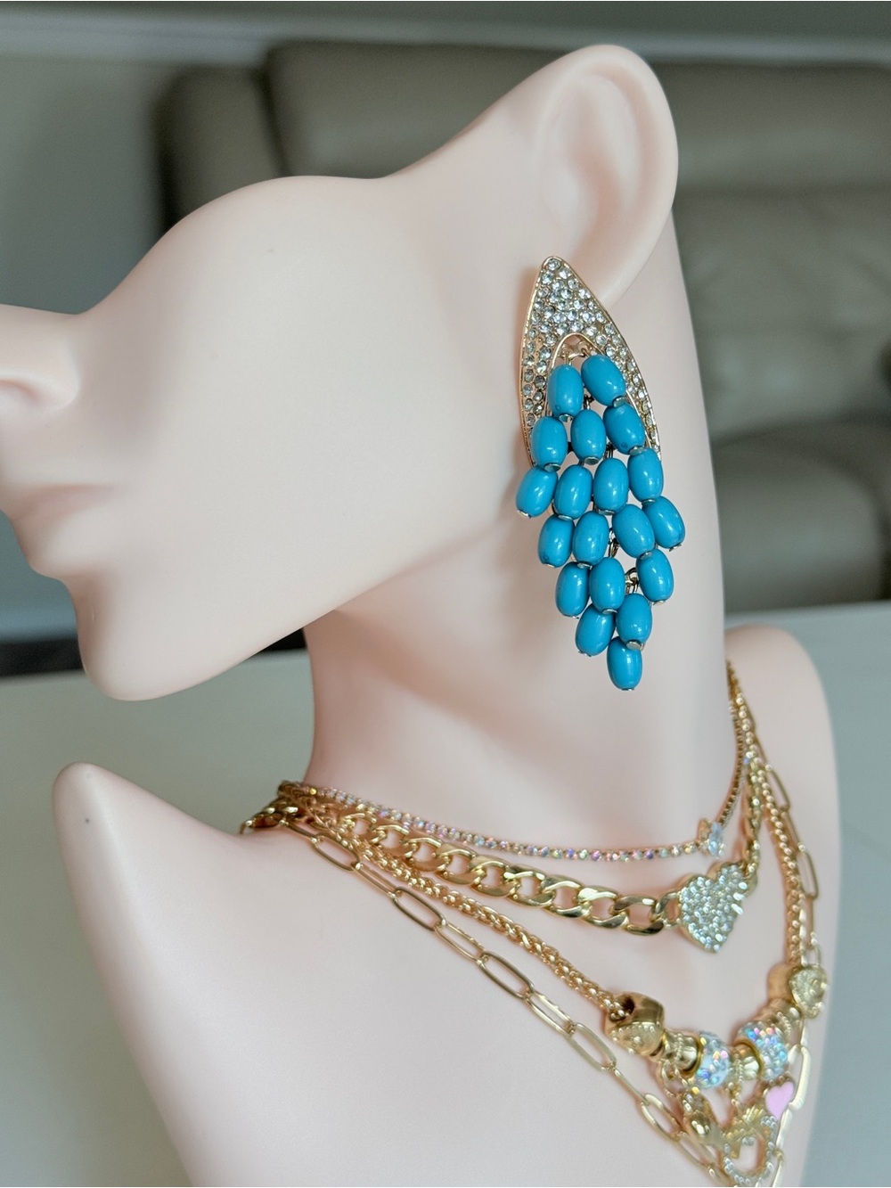 Turquoise Blue Teardrop Cluster Earrings with Gold Accents
